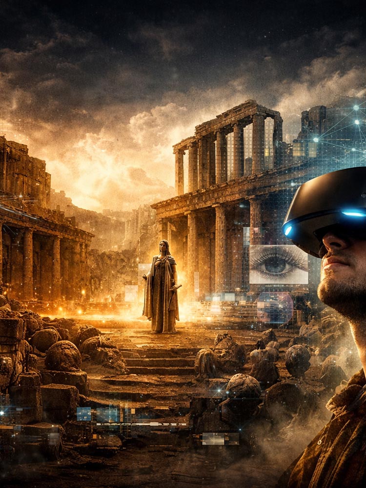 AI image depicting an ancient theatre and an ancient character in the centre, a man on the right with VR glasses