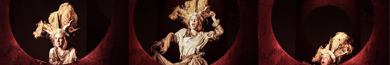 Three photographs, in a row, depicting Athena in the 2014 Oxford Greek Play, The Furies. Photographs by Duncan Cornish