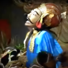 A screenshot from William Maranda's Raja Edepus, showing the protagonist, wearing an ornate mask.