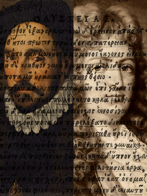 Portraits of Montaigne and Racine, overlaid with sixteenth century printed Greek text