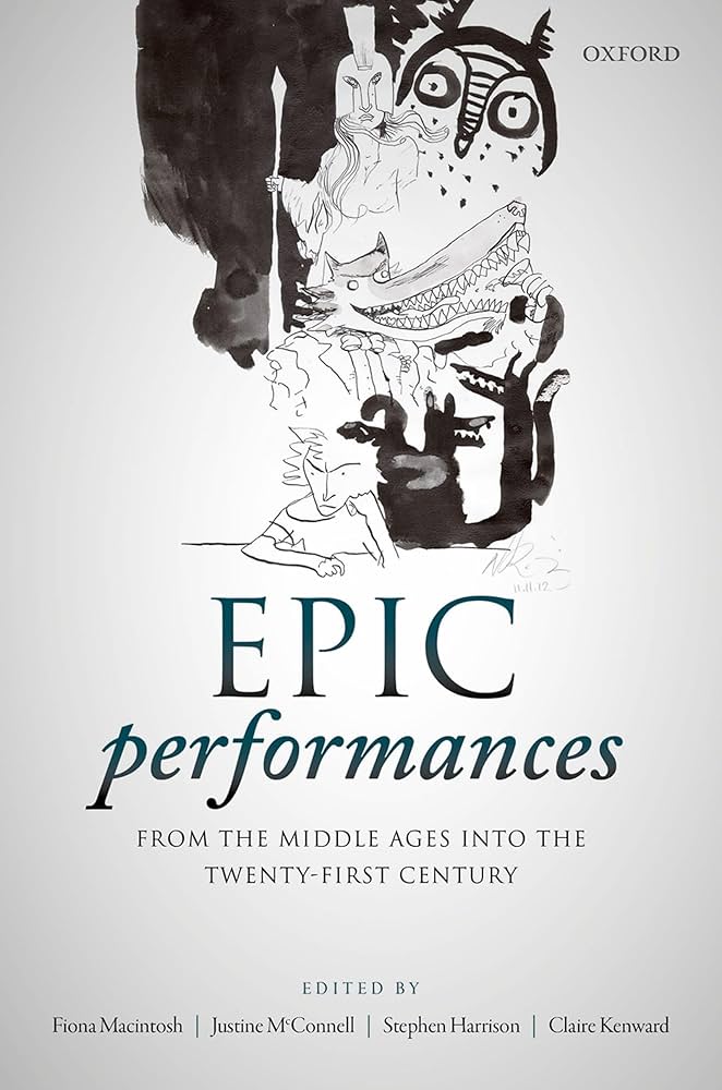 Cover of 'Epic performances', with the title in blue against a white background and a watercolour illustration.