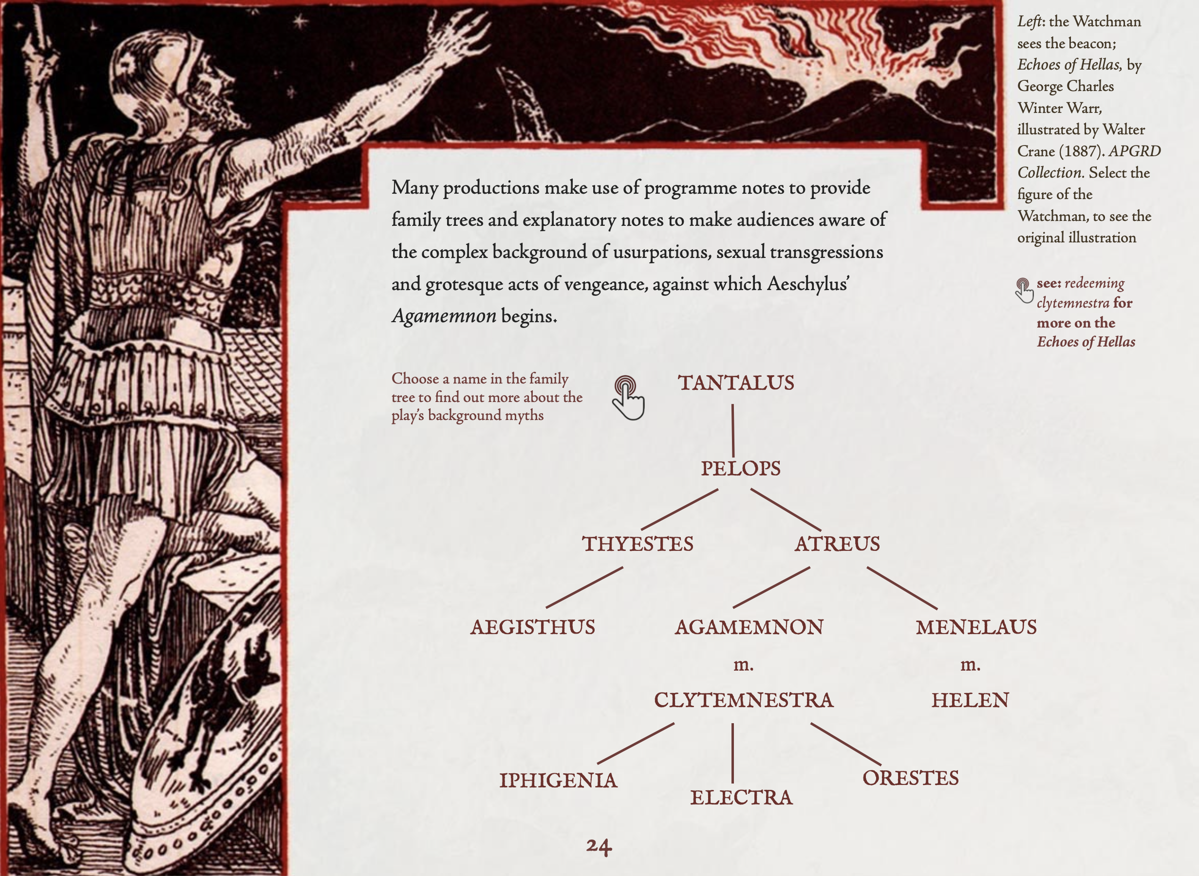 A page from the Agamemnon ebook showing the House of Atreus family tree.