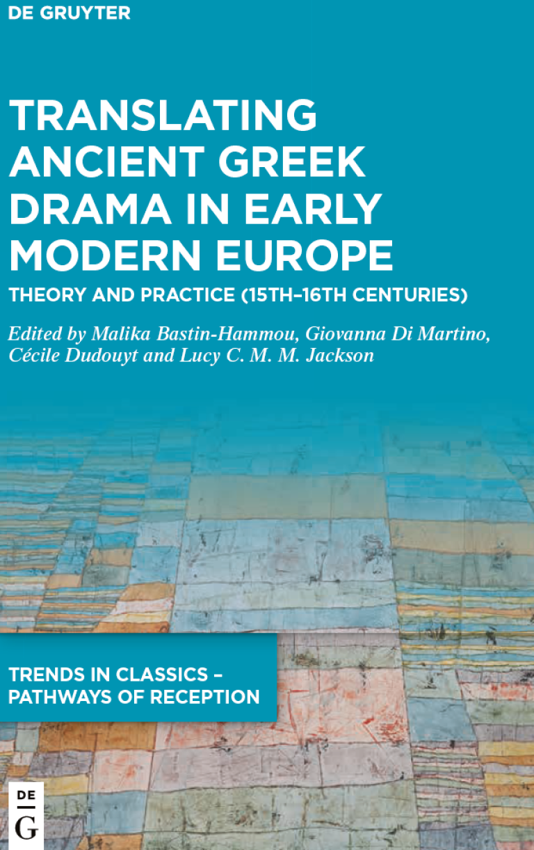The cover of Translating Ancient Greek Drama in Early Modern Europe, with the text written in white font against a turquoise background.