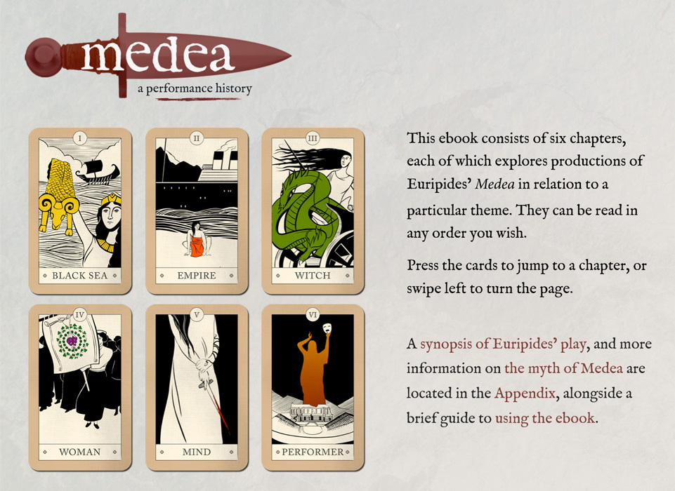 The menu page of the APGRD's ebook on Medea, with instructions on how to navigate the book and six illustrated playing cards representing the six chapters