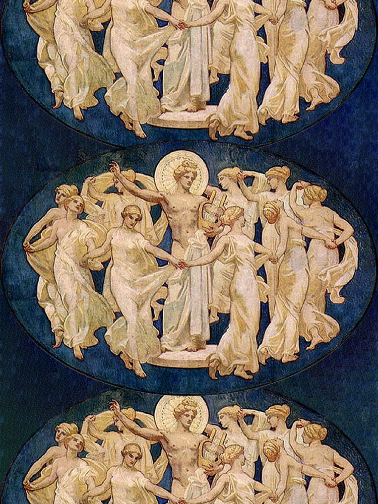 Three overlaid images of Apollo and the Muses by John Singer Sargent