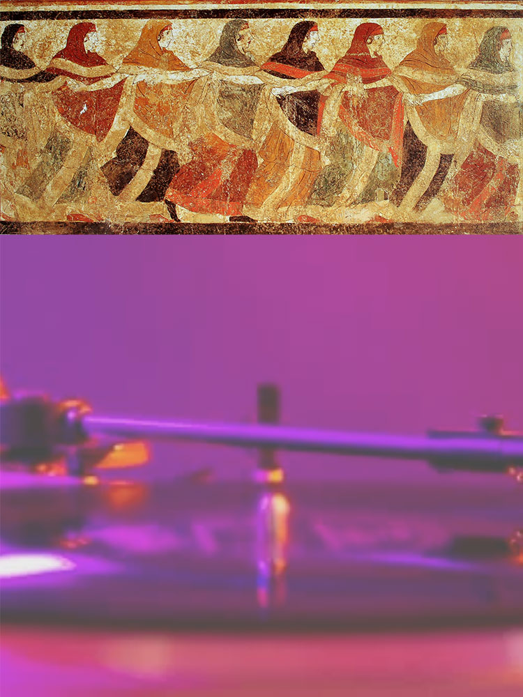 A purple-saturated photograph of a close up of a record player, with a banner running across the top of it depicting the fresco of dancing Peucetian women