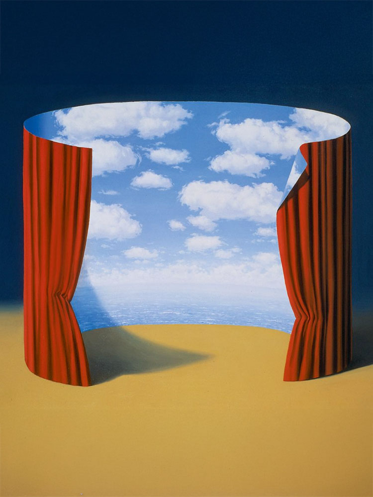 A painting by Magritte depicting a red circular curtain opening to reveal clouds