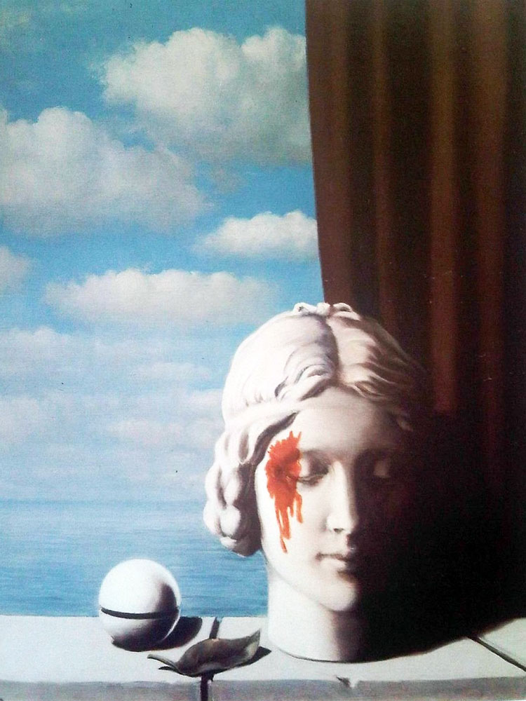 Painting depicting a white marble bust of a female head, bleeding above their right-eye, next to a leaf and a small stone sphere, in front of a background of clouds, partially covered by a red curtain to the right-hand side of the painting.