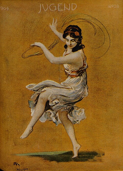 Image of a drawing of a female dancer, with dark head and a light robe, hands up in the air and jumping on one foot. The background is mustard colour