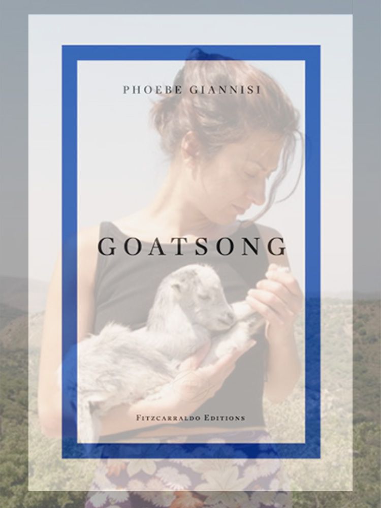 A photograph of Phoebe Giannisi bottle-feeding a baby goat, with the front cover of Goatsong