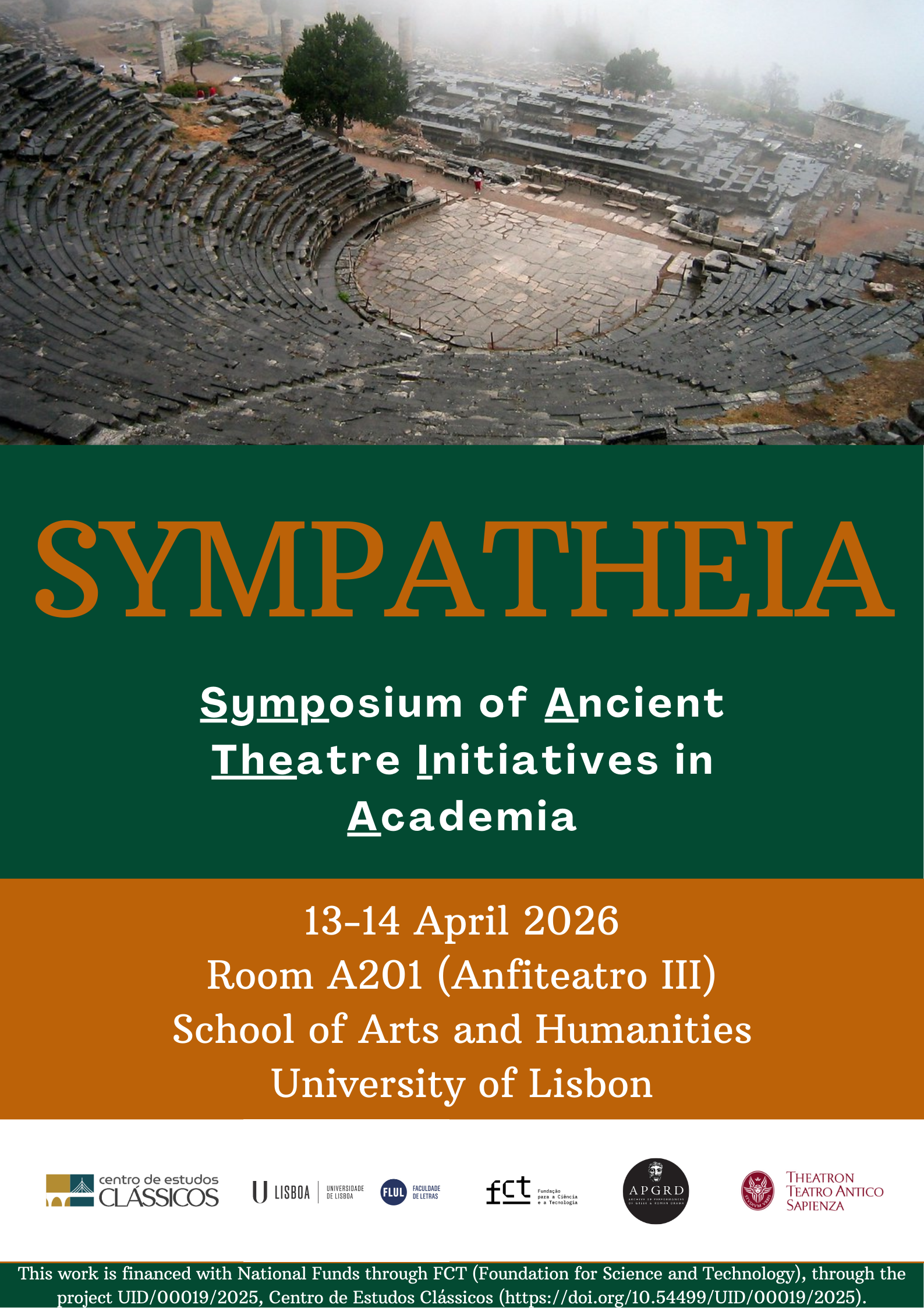 Poster showing an ancient Greek amphitheatre and the writing: Sympatheia, Symposium of Ancient Theatre Initiatives in Academia
