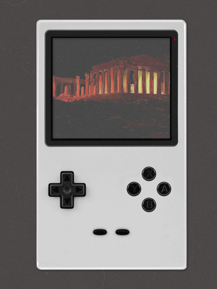 image of a white videogame set with a picture of the Parthenon at night