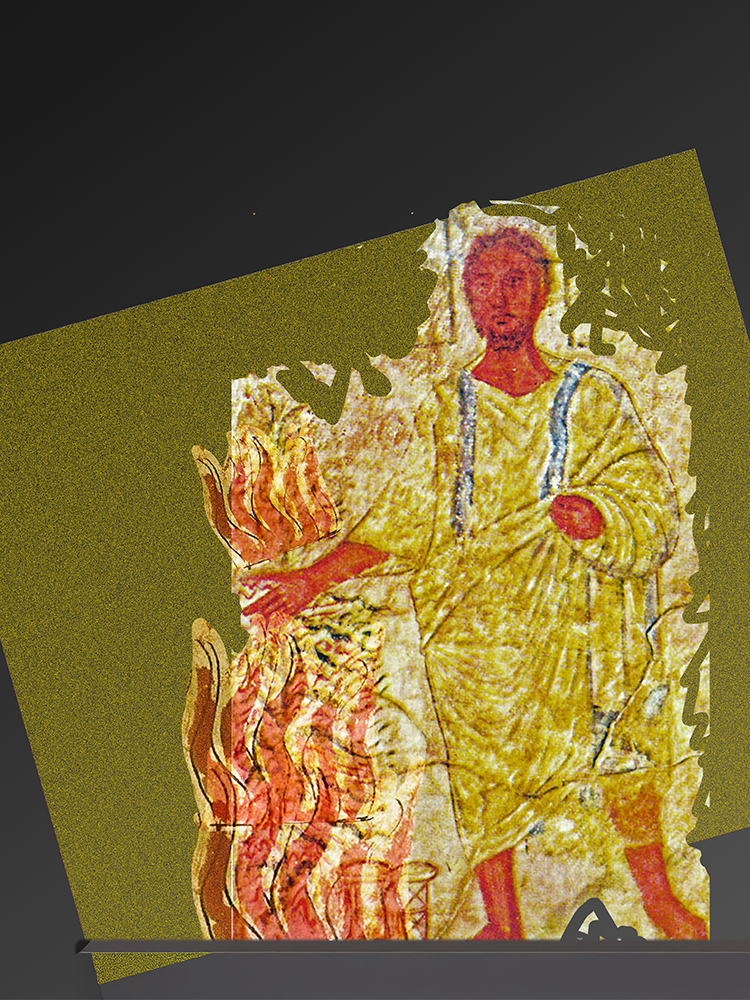 Image of a man touching a burning bush, from a medieval manuscript