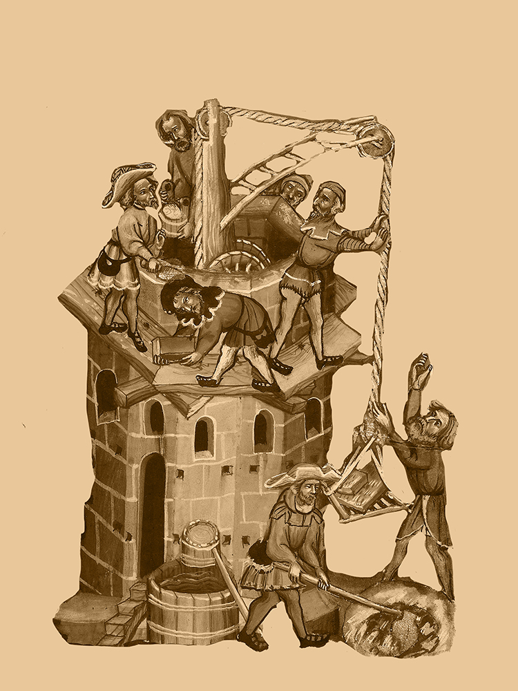 Image from a medieval manuscript of the tower of Babel and men working on it with cranes