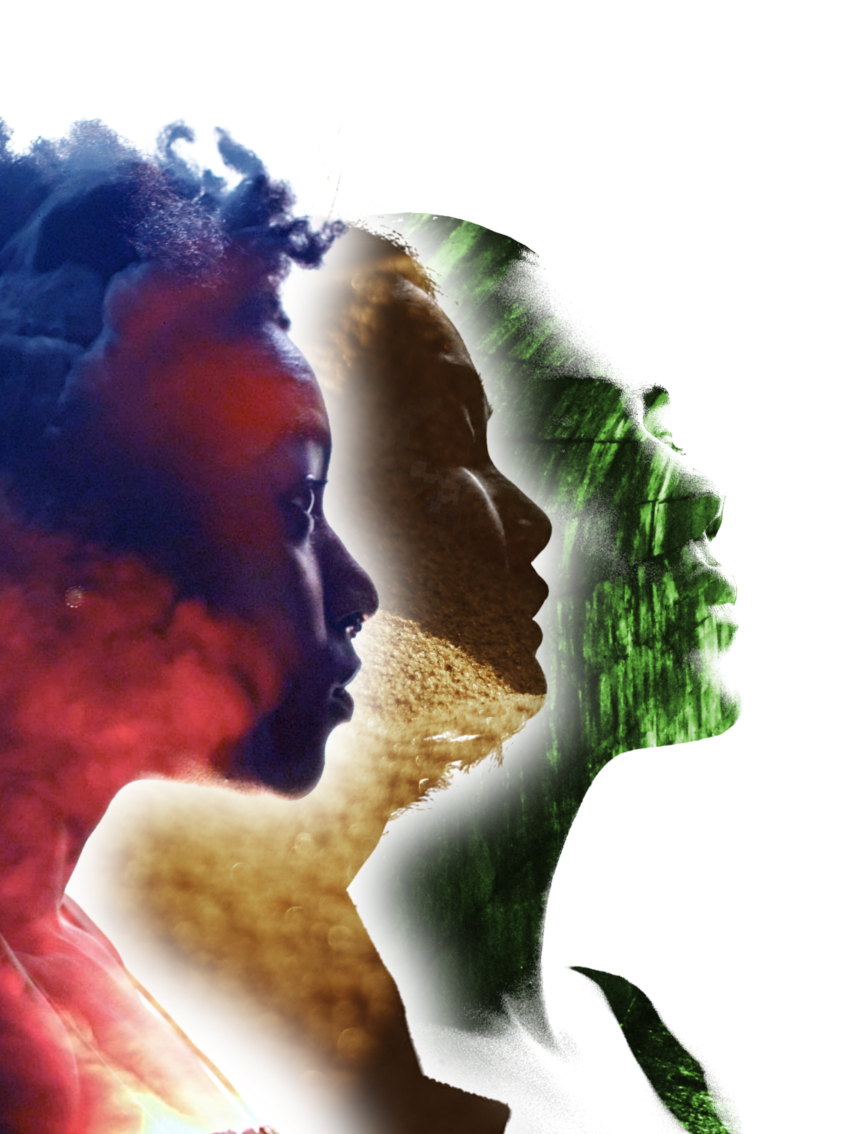 Poster for 15 Heroines showing the outline of three female heads, designed by Ciaran Walsh